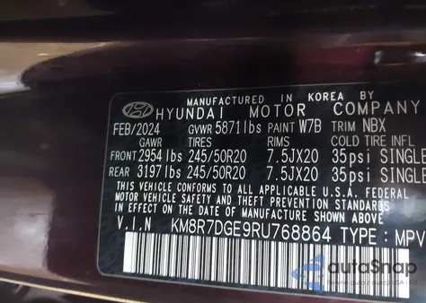 2024 Hyundai Palisade Calligraphy из США, поврежденный, VIN KM8R7DGE9RU768864